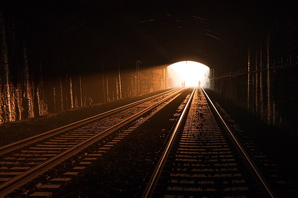 The sun rises in near alignment to the entrance to Box Tunnel, Bath, UK on 9 April 2017