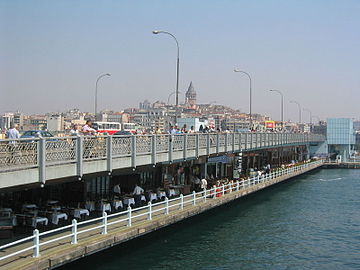 View of the Galata Bridge, with the Galata Tower in the background.