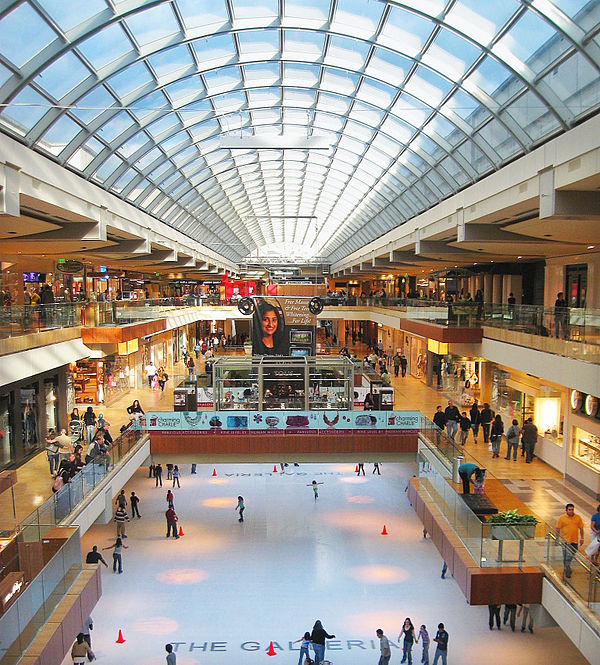 The Galleria main hall showing the ice rink and large skylight