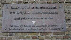 Die rechteckige, aus dunklem Metall bestehende Gedenktafel trägt den Text: Den Männern, die wegen Homosexualität 1939 bis 1945 im KZ Ravensbrück inhaftiert, geschunden und ermordet wurden.