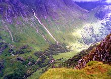 Upper Glen Nevis from the summit of Sgùrr a' Mhàim. The Allt Coire Eoghainn can be seen cascading from Coire Eoghainn on Ben Nevis down to the glen.