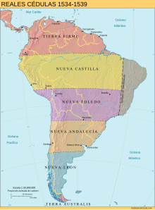 Division de l'Amérique du Sud espagnole avant la création de le Vice-royauté du Pérou en 1542. On voit que le territoire de la province de Corrientes actuelle se trouvait au sein de la Gobernacion de la Nouvelle Andalousie.