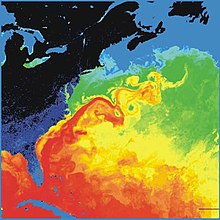 Surface temperature in the western North Atlantic, the Gulf Stream is in red Golfstrom.jpg