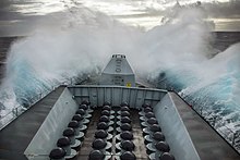 Sea Ceptor 32-cell 'Mushroom Farm' on the British Type 23 frigate HMS Lancaster. Note the black protective cap on each cell. HMS LANCASTER LEAVES NORWAY MOD 45168084.jpg