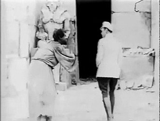 A "hair in the gate" can be seen in the top right of this still from Ernst Lubitsch's 1918 film The Eyes Of The Mummy Hair in the gate.jpg