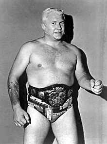 8-time NWA World Heavyweight Champion Harley Race pictured with the "Crown Belt" during his first reign in 1973 Harley Race NWA Champion.jpg