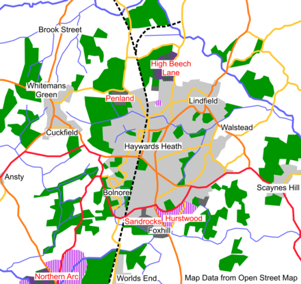 Haywards Heath with surrounding villages and large housing developments in 2018