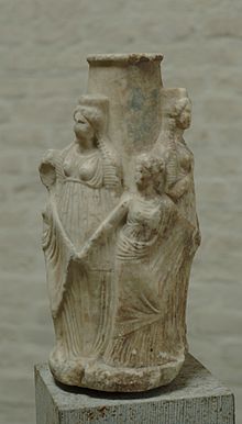 Hekataion with the Charites, Attic, 3rd century BCE (Glyptothek, Munich) Hekate Kharites Glyptothek Munich 60.jpg