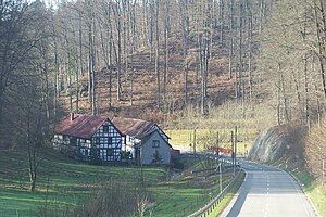 The lower mill of Heyerode, in the background the wooded northeast slope of the Ruppertsberg