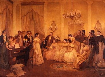 Sánchez singing the National Anthem in her salon in a painting by Pedro Subbercasseaux made on the occasion of the 1910 Centennial celebrations. Museo Histórico Nacional, Buenos Aires.