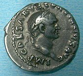 Denarius of Emperor Vespasian, who extended Latin citizenship to all communities of Hispania in the AD 70s Imp 0003 vesp.jpg