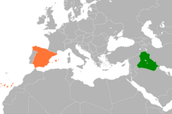 Mapa označující umístění Iráku a Španělska