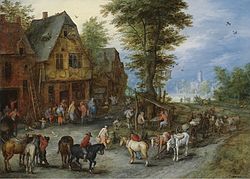 A Village Landscape with Horses, Carts and Figures Before Cottages 1607