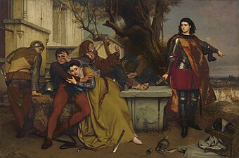Jeanne d'Arc cassant son épée en réprimandant des filles à soldats lors du siège de Paris. Toile de Joseph Van Lerius, vers 1860.