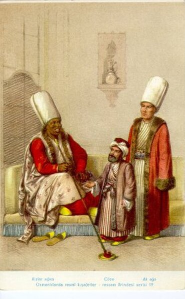 19th-century depiction of the Chief Black Eunuch (left), a court dwarf (middle) and the Chief White Eunuch (right)