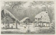 Indiaansch kamp, potloodtekening door r.k. priester Arnoldus H.A.H.M. Borret, Kalebaskreek, circa 1880.