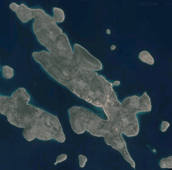 Satelitní pohled na ostrov Kaprije a okolní ostrůvky