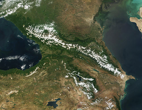 June 2001 NASA photograph of the snow-covered Lesser Caucasus in the south of the Greater Caucasus. Around the year 1800, the Karabakh Khanate was based in the southeast corner of the Lesser Caucasus. It extended east into the lowlands, hence the name Nagorno- or "Highland-" Karabagh for the western part.