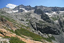 View of the Kaweah headwaters from the High Sierra Trail, a popular backpacking route Kaweah bowl up fromHST.jpg