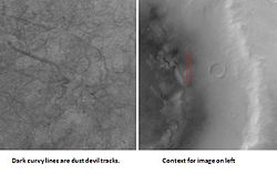 Kepler Crater showing dust devil tracks, as seen by Mars Global Surveyor.