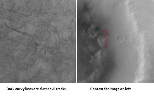 Traces de tourbillons de poussière dans le cratère Kepler, qui se trouve dans le quadrangle d'Eridania.