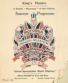 King's Theatre -Rotorua Maori Mission Entertainers 1908. Great spectacular Maori display. Souvenir programme. (Cover). 1908. (21065397114) King's Theatre -Rotorua Maori Mission Entertainers 1908. Great spectacular Maori display. Souvenir programme. (Cover). 1908. (21065397114).jpg