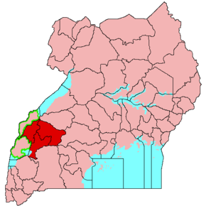 Království Toro od roku 1993. Zeleně jsou vyznačené distrikty náležející k původnímu království, (na nichž bylo roku 1963 vyhlášeno království Rwenzururu), které se součástí obnoveného království nestaly.