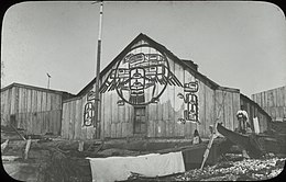 Kwakwaka'wakw house decorated with three designs, Fort Rupert, 1885