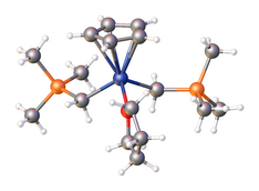 Structure of the organoscandium complex with two trimethylsilylmethyl ligands, (C5H5)Sc(CH2tms)2(thf) (tms = Si(CH3)3, thf = tetrahydrofuran). Color scheme: O (red), Sc (blue), Si (orange). LURKIT.png