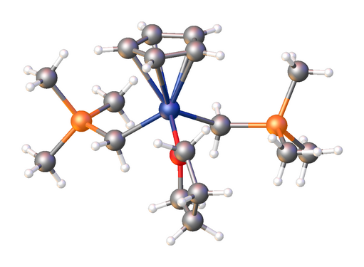 Structure du complexe organométallique de scandium avec deux ligands (triméthylsilyl)méthyle (C5H5)Sc(CH2tms)2(thf), où « tms » = (CH3)3Si– et « thf » = tétrahydrofurane[9]. __ Si   __ Sc   __ O.