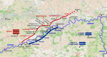 Map showing the positions of the French and Allied troops just before Jourdan took command on 8 June. French divisions are in blue, and Allied forces are in red, showing the main force under Orange and the outpost line stationed to watch the French. LambusartPositions.png