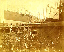 Vesuvius (left) and Yorktown being launched in Philadelphia, 28 April 1888 Launching of USS Yorktown (PG-1) and USS Vesuvius, April 28, 1888 (18478430736).jpg