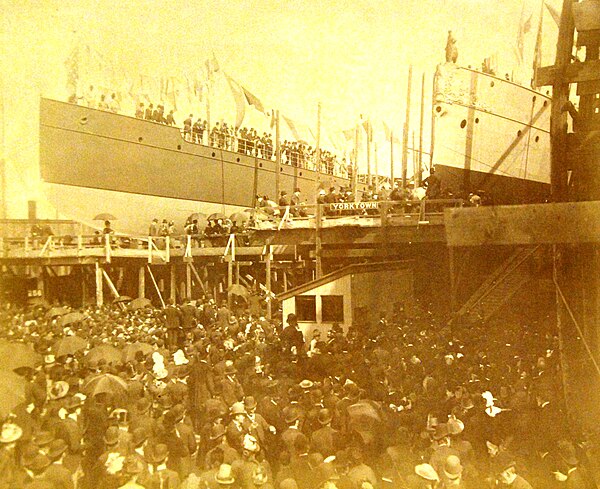 Yorktown (right) and Vesuvius being launched in Philadelphia, 28 April 1888