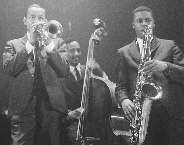 Morgan (left), Jymie Merritt (center), and Wayne Shorter (right)