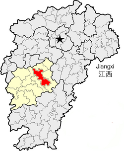 Lokasi Jishui County (merah) di ji'an City (kuning) dan Jiangxi