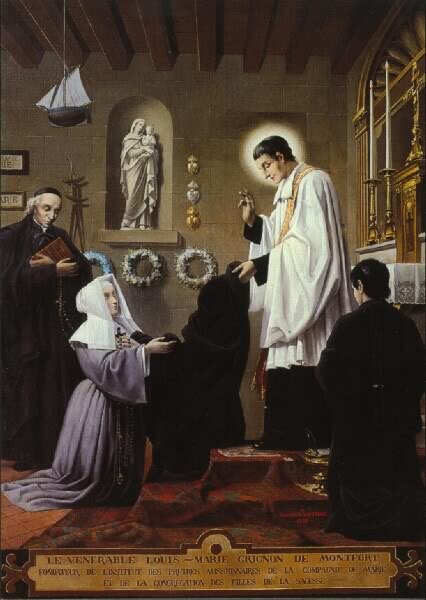 Depiction of Montfort with Marie Louise Trichet, at the foundation of the congregation of the Daughters of Wisdom, 19th century