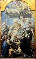 卢卡·焦尔达诺的《华盖下的圣母（义大利语：Madonna del Baldacchino (Luca Giordano)）》，430 × 240cm，约作于1685年[62]