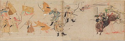 The samurai Suenaga facing Mongol's bomb and Goryeo's arrows. Mōko Shūrai Ekotoba (蒙古襲来絵詞), circa 1293.