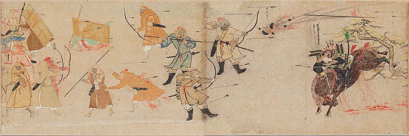 Deze illustratie toont hoe Mongolen een bom werpen naar een aanvallende Japanse Samurai tijdens de Mongoolse invasie van Japan in 1281.