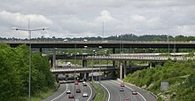 4 level stack interchange between the M25 (below) and M23 (above) in the UK. M23-M25 Intersection - geograph.org.uk - 15455.jpg