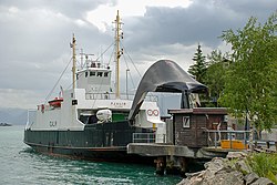 Ship before the conversion, as the car ferry Fjalir in Dragsvik 2010.