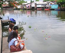 Mae Nak shrine, Bangkok. Offerings of lotus buds and the release of live fish, Phra Khanong Canal MNPKofferings85.JPG