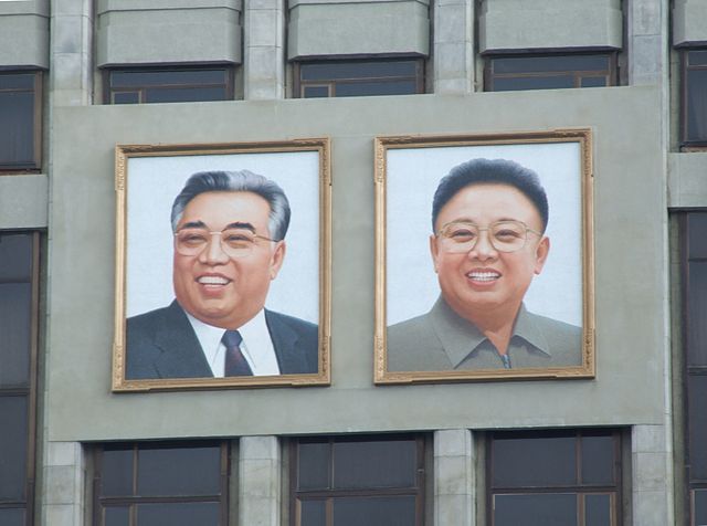 Portraits of the Eternal President, Kim Il Sung (left), and the Eternal General Secretary of the Workers' Party, Kim Jong Il (right).