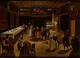 Manner of Louis de Caullery. Evening Party label QS:Len,"Evening Party" label QS:Lpl,"Wieczorne przyjęcie" label QS:Lnl,"Feestvierend gezelschap bij avond" 1600-1620. oil on panelmedium QS:P186,Q296955;P186,Q106857709,P518,Q861259. 66 × 88 cm (25.9 × 34.6 in). Amsterdam, Rijksmuseum Amsterdam.