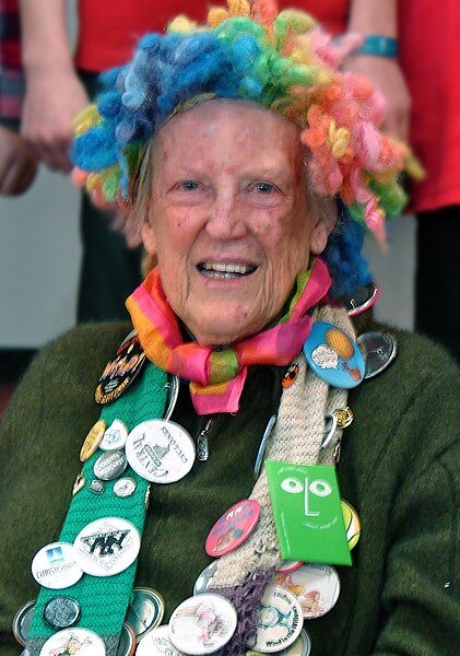 Mahy, with her characteristic rainbow wig, at the Kaiapoi Club, July 2011