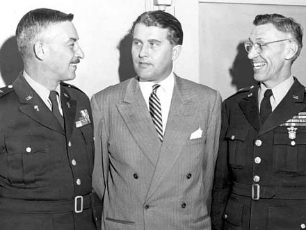 RSA commander Maj. Gen. John Medaris, Wernher von Braun, and RSA deputy commander Brig. Gen. Holger Toftoy (left to right) in the 1950s