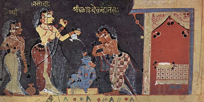 Yasoda memandikan Kresna. Ilustrasi dari naskah Bhagawatapurana, sekitar abad ke-16.