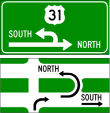 Two versions of signs posted along an intersecting road or street at an intersection.
Top: most commonly used; state of Michigan standard.
Bottom: lesser-used variant. MichiganLeftSigns.png