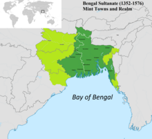 Mapo de stampejaj urboj kaj teritorio de la Bengala Sultanlando