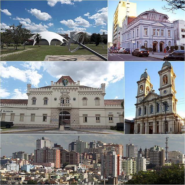 De cima para baixo, da esquerda para a direita: O planetário da Universidade Federal de Santa Maria, o Theatro Treze de Maio, a sede da 6ª Brigada de Infantaria Blindada, a Catedral de Santa Maria, e um panorama do centro da cidade